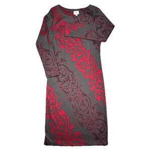 Beige By ECI Sz 8 Red Charcoal Scroll Knit Sheath Dress New Career Long Sleeve